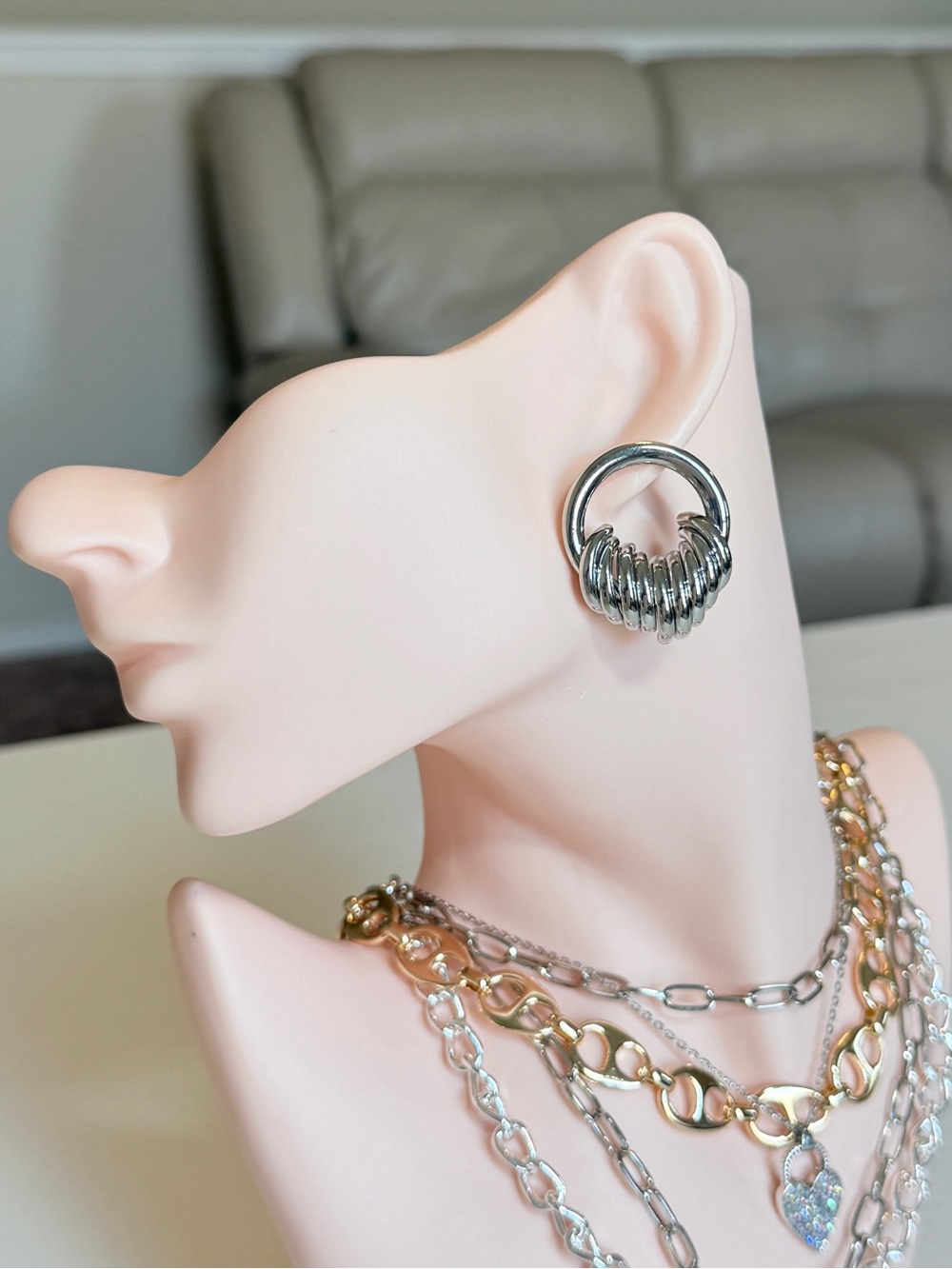 Chunky Silver Hoop Earrings with Ring Detail